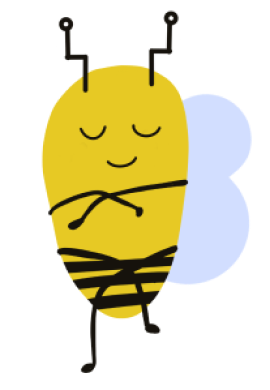 A bee with their arms crossed and looking happy. An illustration.