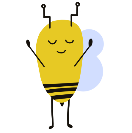 A bee with their arms raised up in the air and looking happy. An illustration.