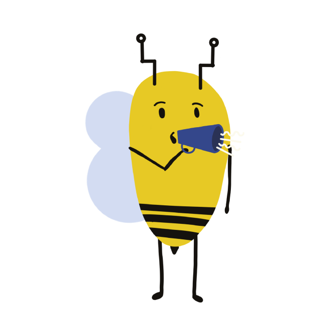 A bee holding a blue megaphone looking like it's making an announcement. An illustration.