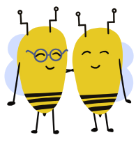 Two bees standin next to one another. One is wearing glasses and they are both smiling. Illustration.