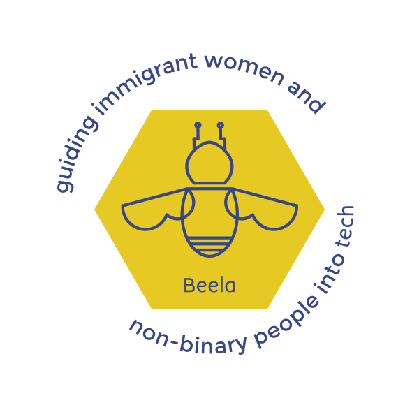 Beela's logo - an illustration of a bee inside of a yellow hexagon with the words 'guiding immigrant women and non-binary people into tech' written around the hexagon