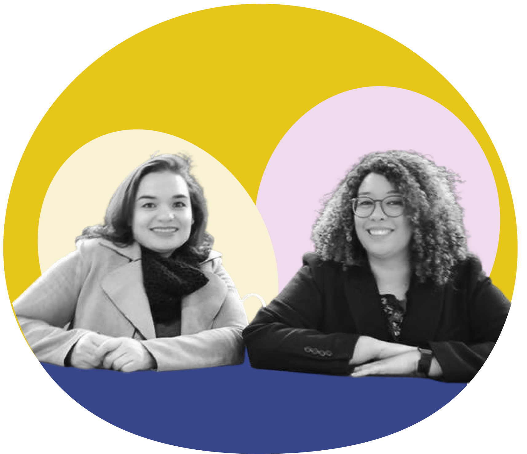 Founders Denise and Juliana shown in a black and white image. Behind them are colourful graphic blocks.