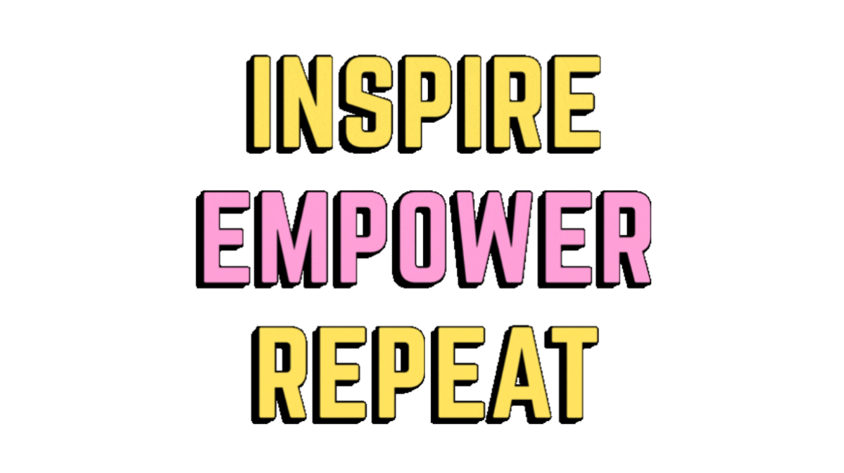 Inspire, Empower, Repeat written in a fun font in pink and yellow.