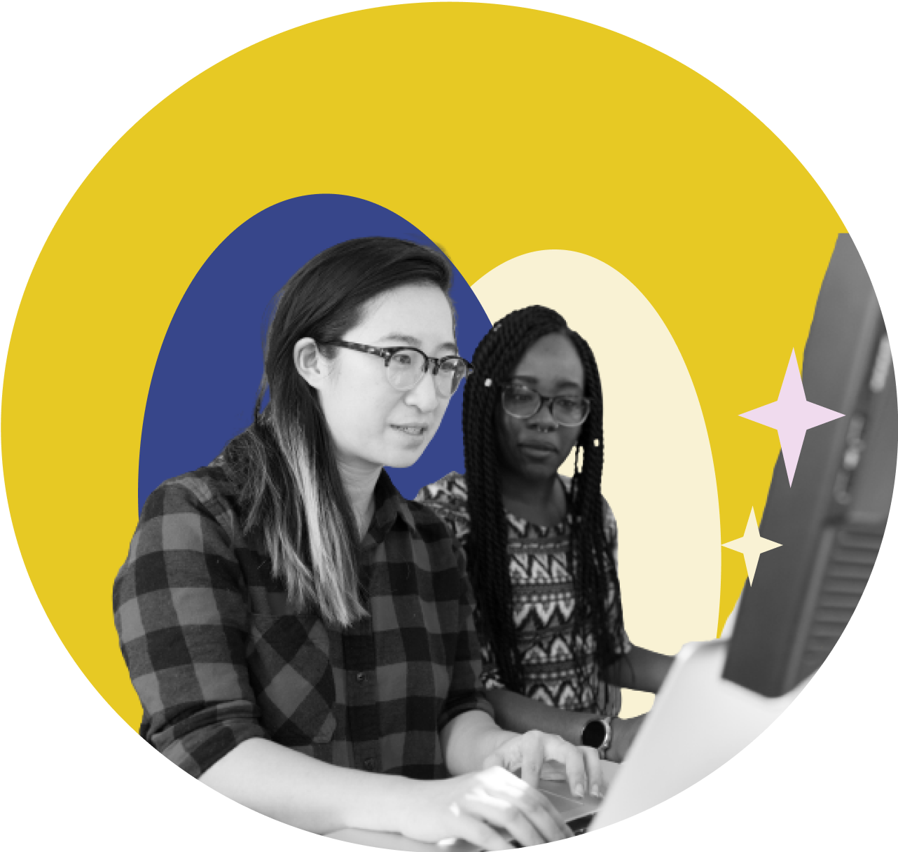 Two women working together at a laptop. Their image is in black and white and behind them are colourful graphic blocks.