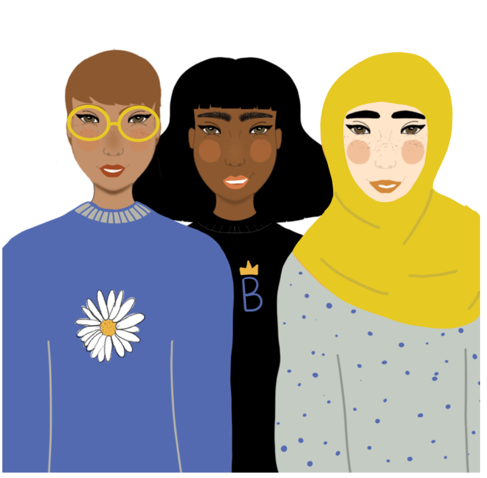 Three women standing next to one another. One is wearing glasses and a blue shirt, one is wearing a shirt with the letter B and a crown, and the other in a polkadot shirt and a hijab. Illustration.