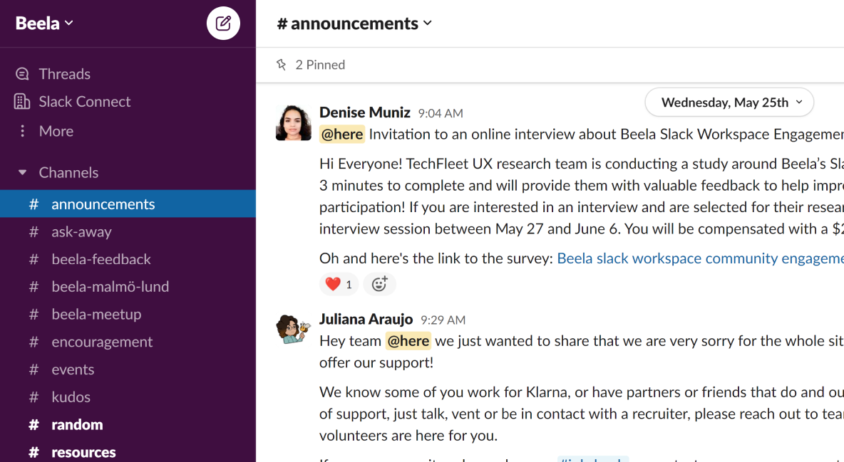 Screenshot of Beela's Slack workspace